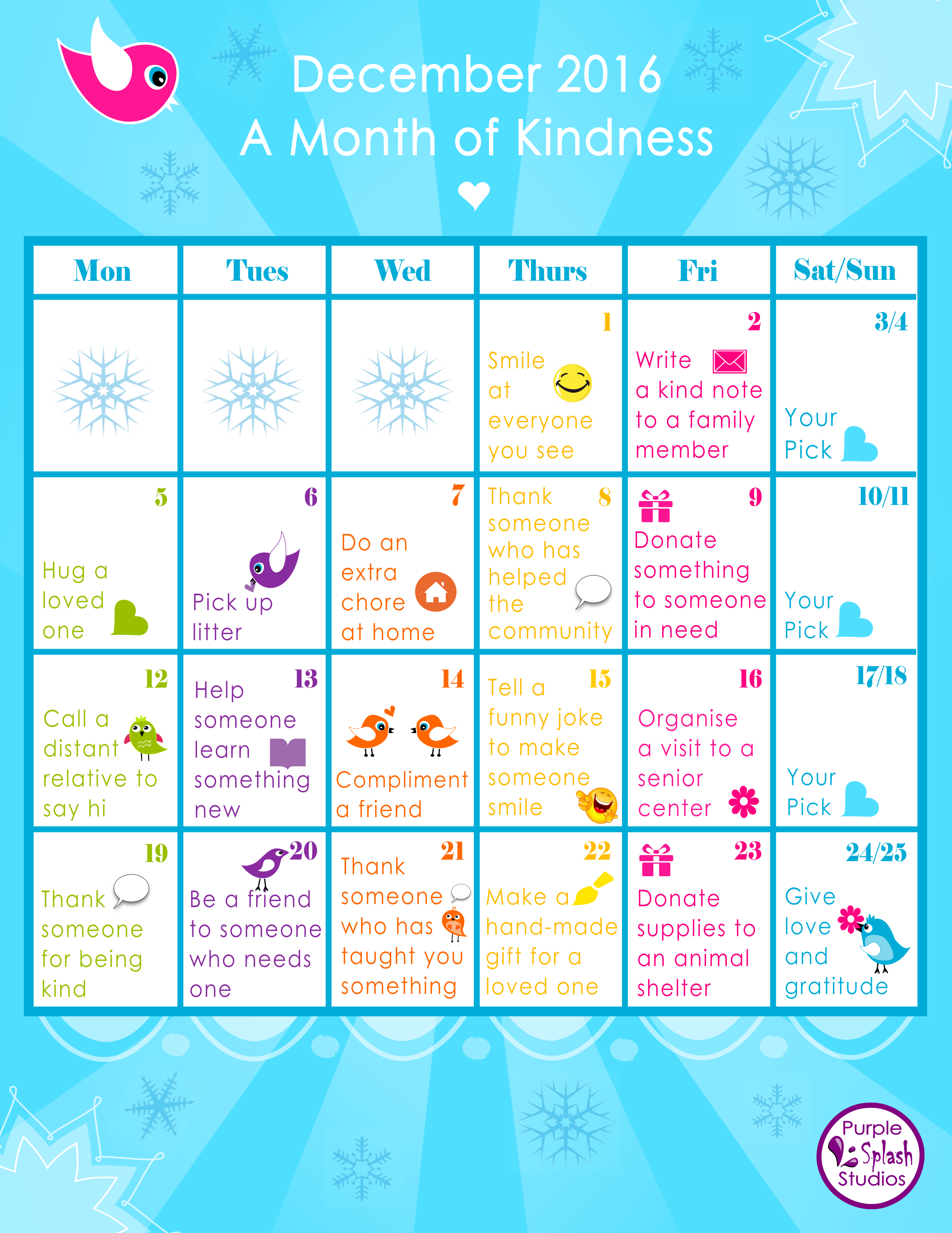 december_2016_kindness_calendar.png (2550×3300) | Projects to try